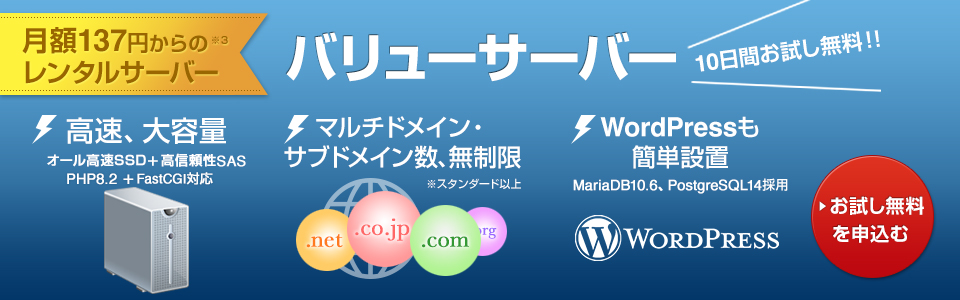 月額137円からのレンタルサーバー・バリューサーバー（高速・大容量、マルチドメイン・サブドメイン数、無制限、Wordpressも簡単設置）