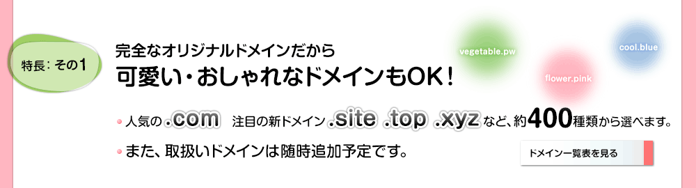 特長1　完全なオリジナルドメインだから可愛い・おしゃれなドメインもOK！